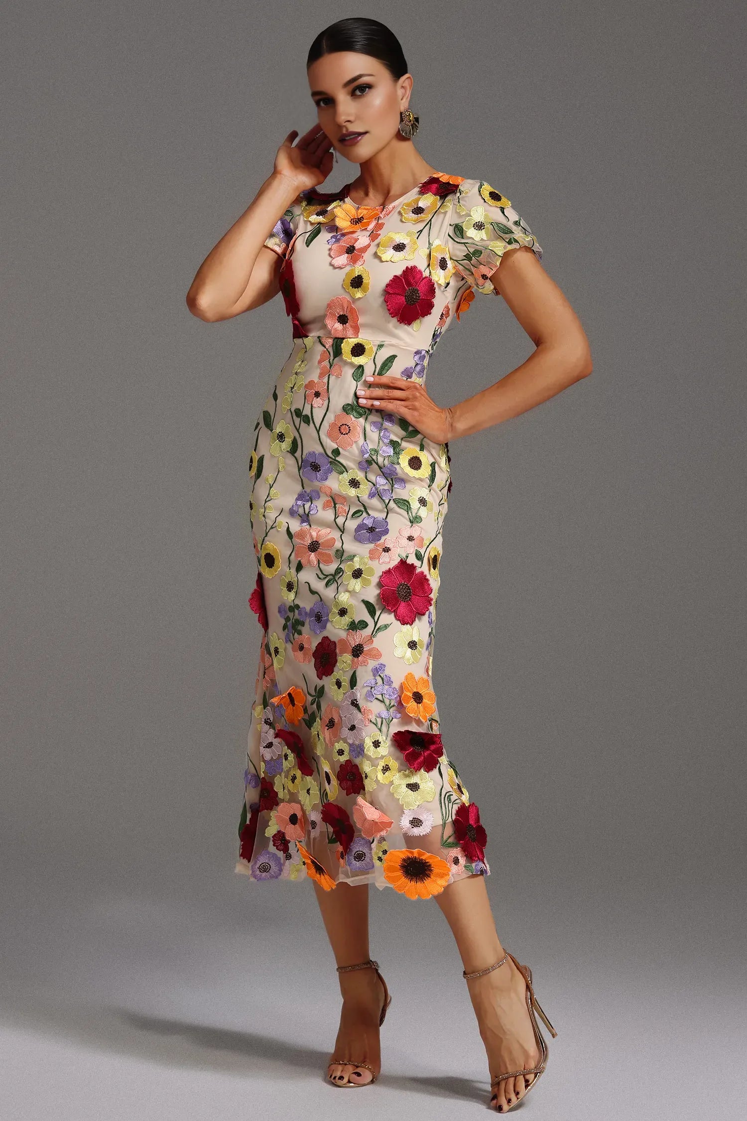 Robe Weitese à manches courtes et col rond, robe mi-longue à fleurs 3D, moulante et élégante, robe de bal
